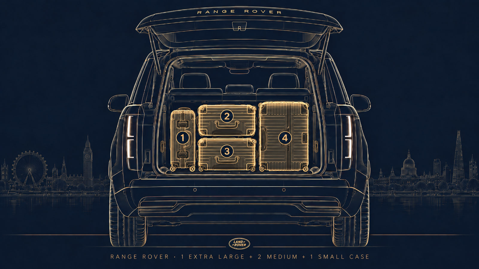 Range Rover luggage layout: 1 extra large, 2 medium and 1 small case